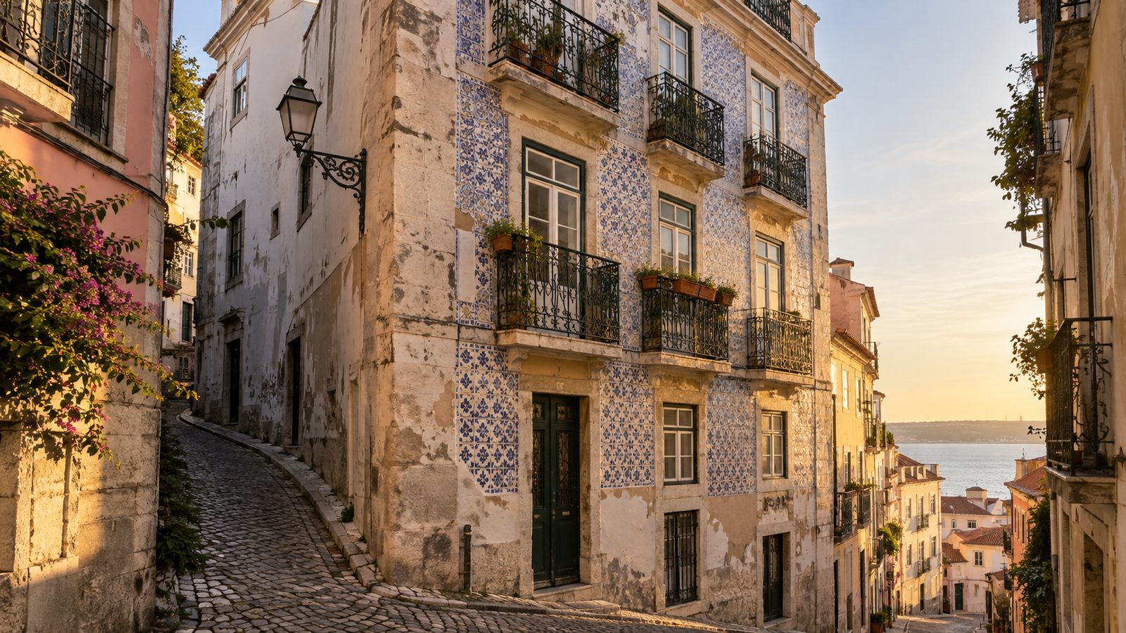 Prédio antigo de quatro pisos numa rua de Alfama, em Lisboa, com fachada de azulejos e varandas de ferro.